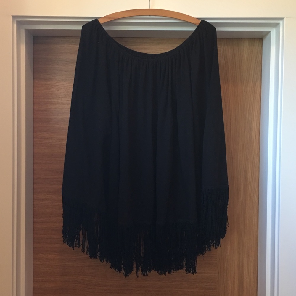 Gauzy Black Off the Shoulder Fringe Top